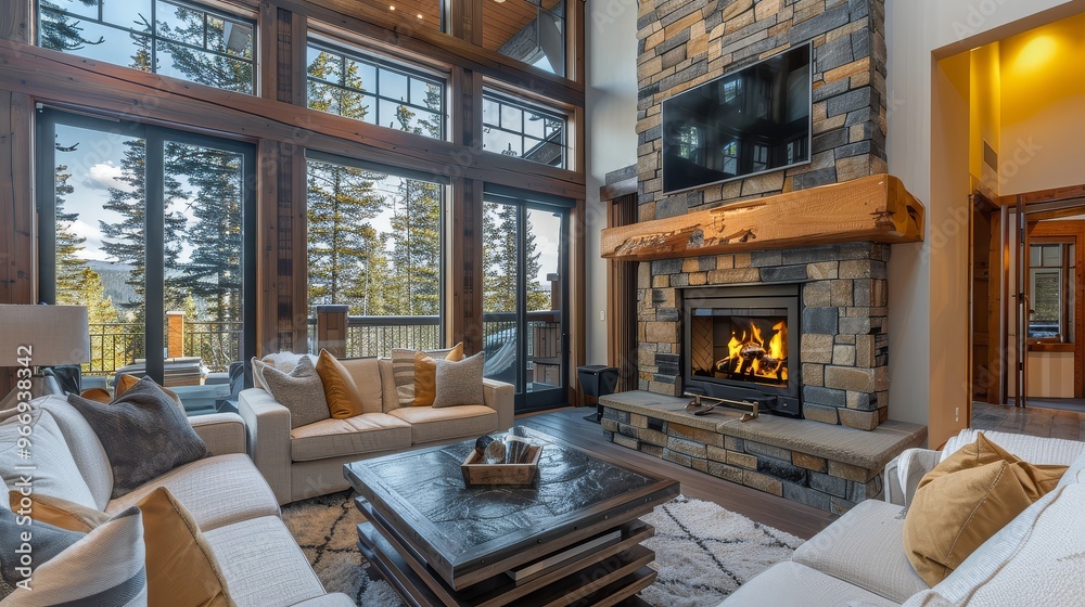 Naklejka premium Cozy living room with large windows, elegant fireplace, and rich wood accents contrasting warm light yellow walls in a modern home with nature views.