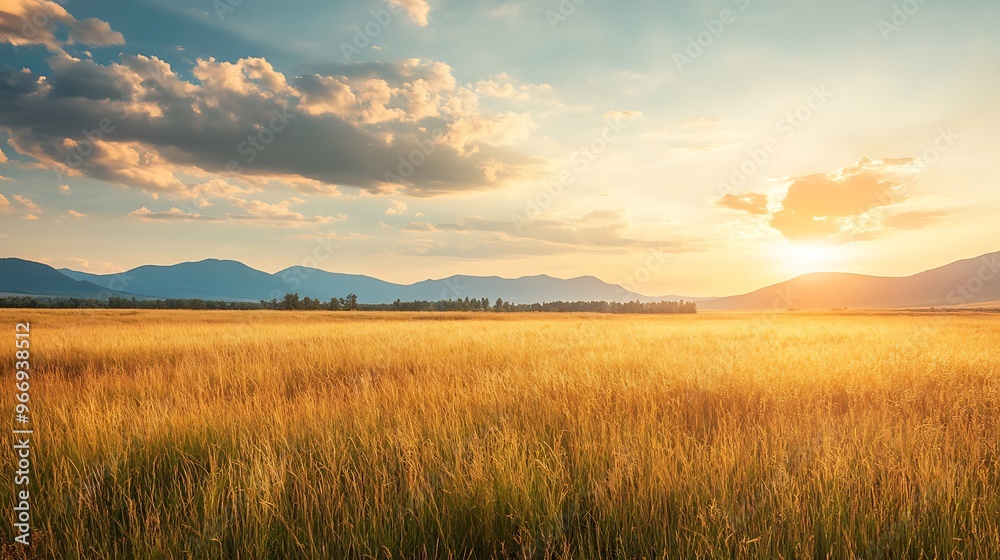 Golden Grass Field at Sunset with Mountains in the Distance Golden Grass Field at Sunset with Mountains in the Distance
