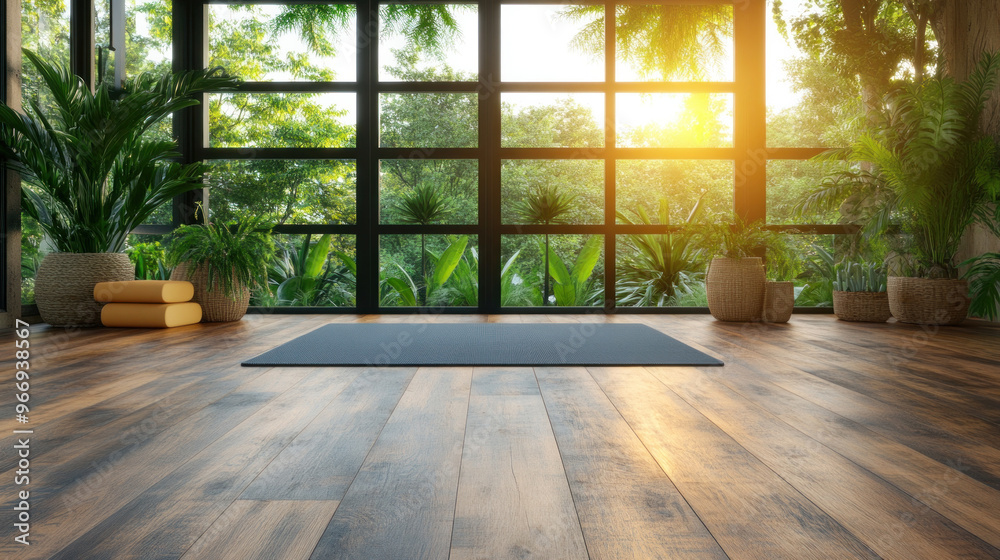 A serene home yoga studio with a mat, blocks, and calming decor, perfect for daily practice and relaxation A serene home yoga studio with a mat, blocks, and calming decor, perfect for daily practice and relaxation