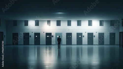 A prison guard watching over inmates as they move between cells, maintaining order in an environment shaped by criminal justice and incarceration