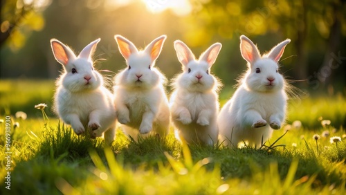 Soft, fluffy rabbits prance through the meadow, their movements spontaneous and carefree, as they bask in the warm photo