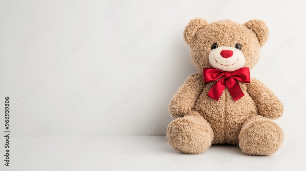 Brown Teddy Bear with Red Bow on White Background Brown Teddy Bear with Red Bow on White Background