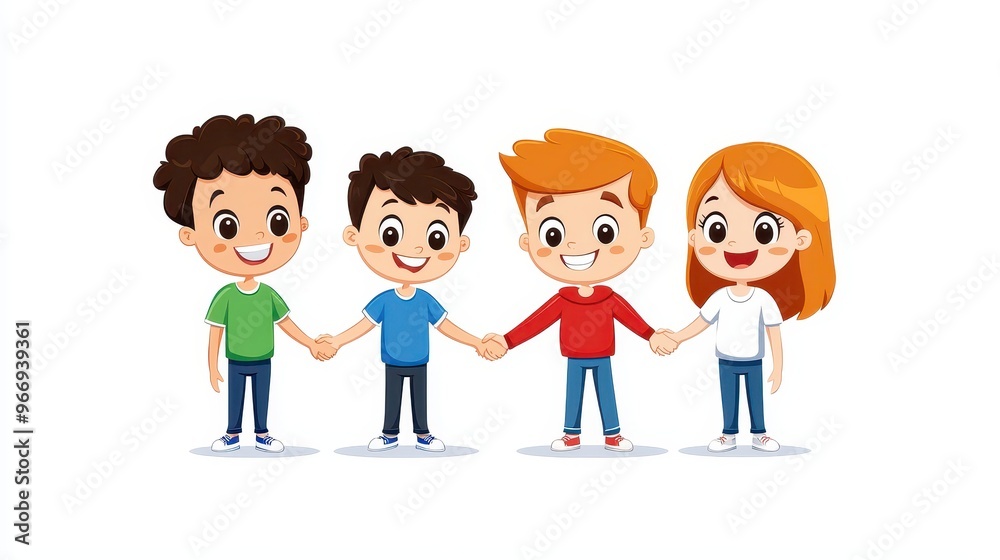 Celebrating Friendship Day: Happy Cartoon Friends Shaking Hands on Colorful Postcard Celebrating Friendship Day: Happy Cartoon Friends Shaking Hands on Colorful Postcard