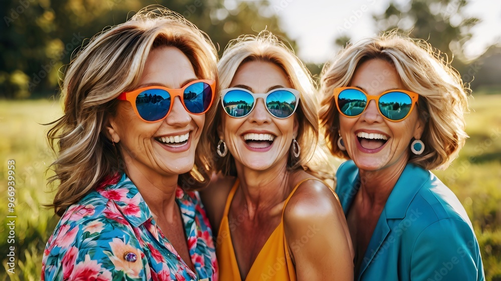 Fun middle-aged senior older women wearing sunglasses laughing with fun. Girls long time friendships invaluable part of life, good friends having fun improve mental well-being after retirement Fun middle-aged senior older women wearing sunglasses laughing with fun. Girls long time friendships invaluable part of life, good friends having fun improve mental well-being after retirement