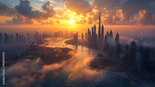 A stunning sunset over a city skyline with tall buildings and a winding river.