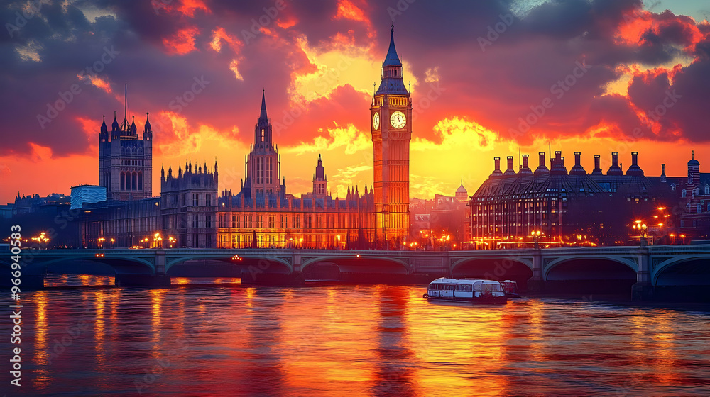 Fototapeta premium A stunning sunset view of the iconic Big Ben and Houses of Parliament over the River Thames.