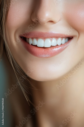 Dental smile of a woman in a studio, showcasing teeth whitening and oral hygiene photo