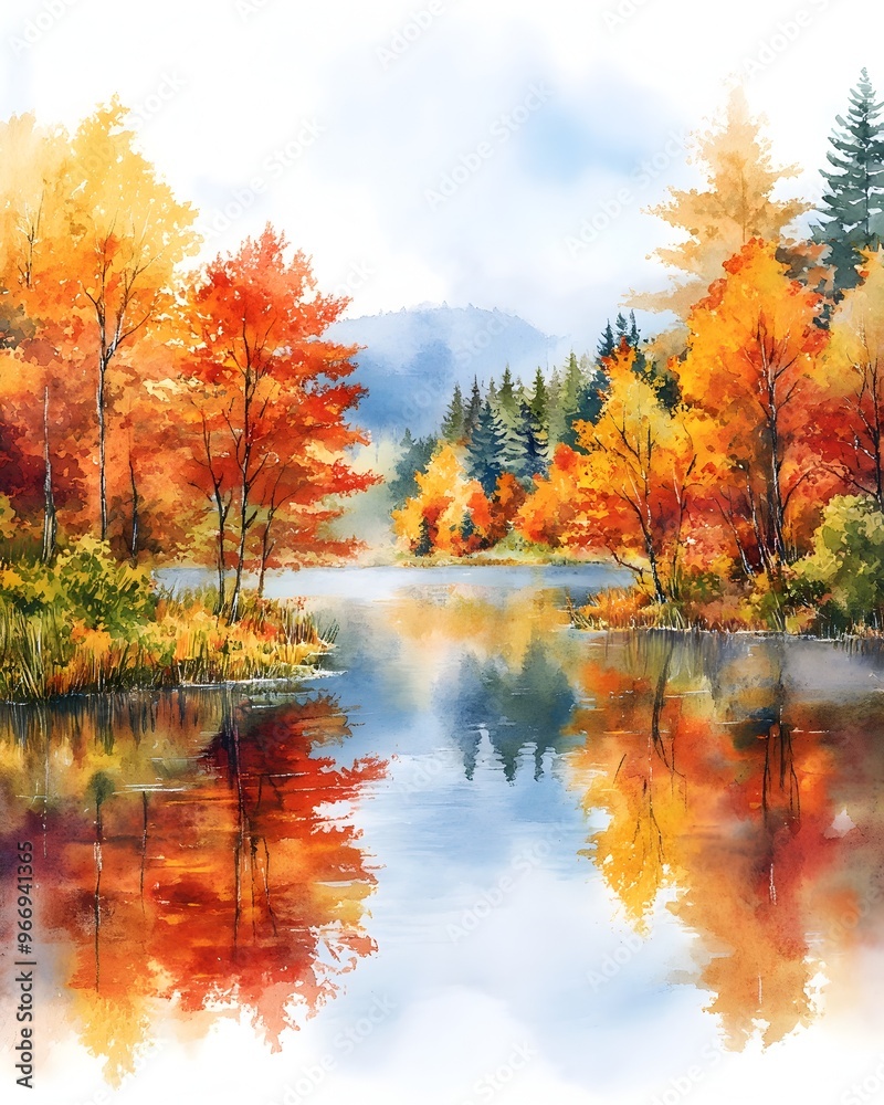 Obraz premium Vibrant Autumn Landscape with Serene Lake and Reflecting Trees