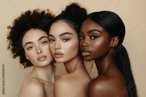 Three women showcasing diverse beauty with natural elegance. The image captures themes of diversity, friendship, and harmony, highlighting different hair textures and skin tones. Generated AI