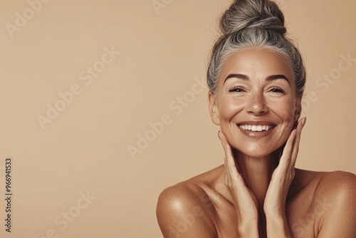 Portrait of a joyful mature woman with gray hair and a radiant smile, showcasing natural beauty and confidence against a beige background. Generated AI photo