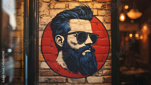 A stylized mural of a beard...