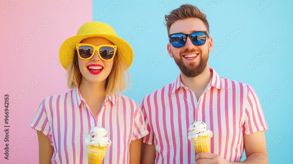 Obraz premium Cheerful and stylish couple in matching striped outfits enjoying ice cream together on a warm sunny summer day with a deep depth of field creating a background