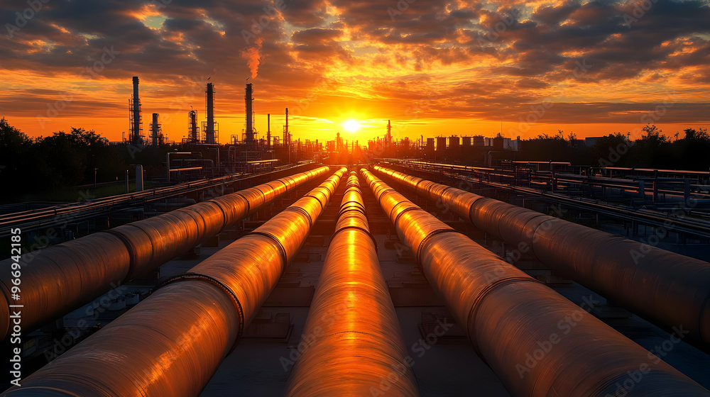 A sunset view over industrial pipes leading to a refinery, showcasing energy production. A sunset view over industrial pipes leading to a refinery, showcasing energy production.
