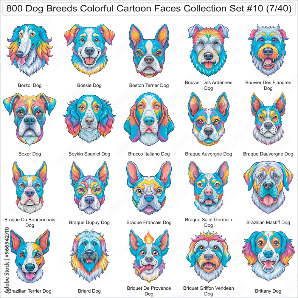 Dog Breeds Colorful Cartoon Dog Faces Collection Set of 800 Dog Faces ...