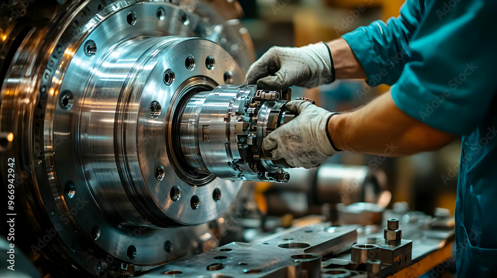 A technician assembling a mechanical component in an industrial setting. A technician assembling a mechanical component in an industrial setting.