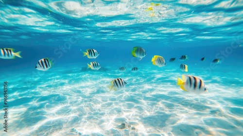 Clear blue ocean water with fish swimming, symbolizing the sustainability of marine life. Copy space.