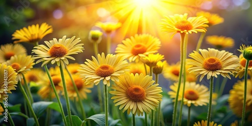 Summer garden filled with vibrant doronicum flowers glowing in the evening sun photo