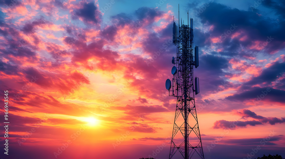 A telecommunications tower silhouetted against a vibrant sunset sky. A telecommunications tower silhouetted against a vibrant sunset sky.