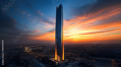 A towering skyscraper illum...
