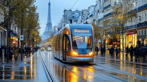 A tram travels through a ra...