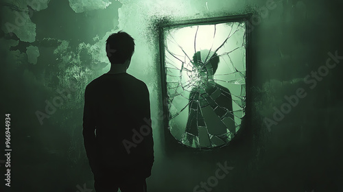 A man stands before a shattered mirror, his reflection distorted and broken. photo