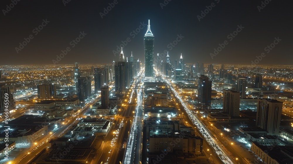 Obraz premium Night Aerial View of Illuminated Skyscrapers and Cityscape