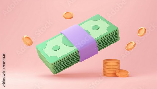 Stack of money with coins and checkmark photo