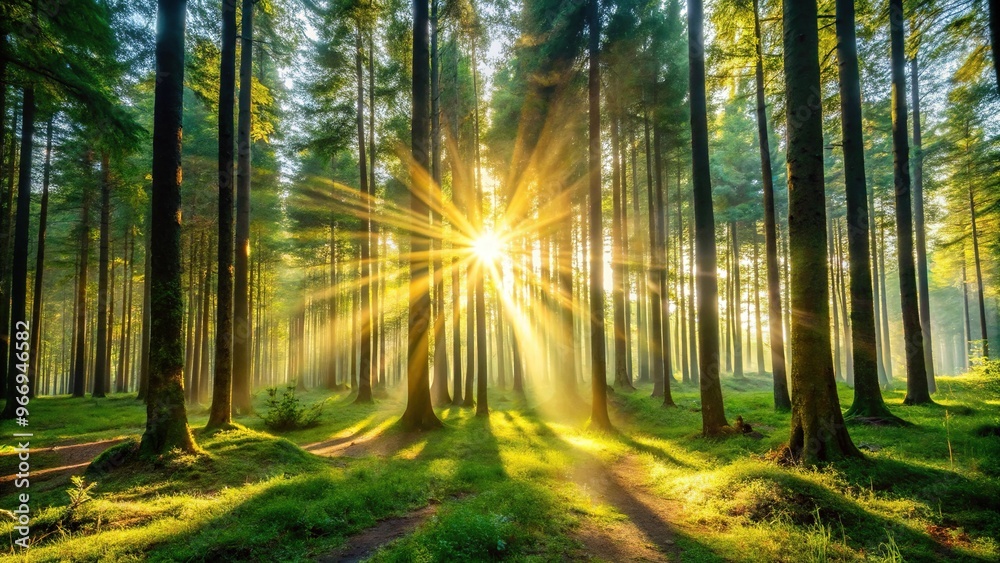 Obraz premium Sunlight filtering through tall trees in the forest creating a forced perspective effect