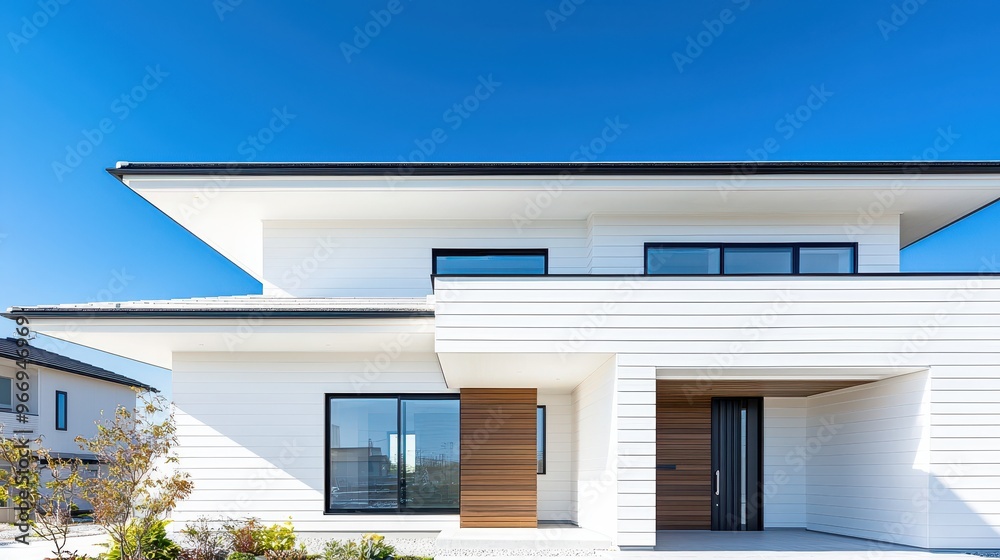Fototapeta premium Modern White House Exterior with Blue Sky and Greenery