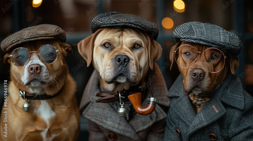 Obraz premium Dapper Dogs: Hipster Akita Inu, Greyhound, and Labrador Retriever in Stylish Glasses, Bow Ties, Hats, and Pince Nez with Tobacco Pipe