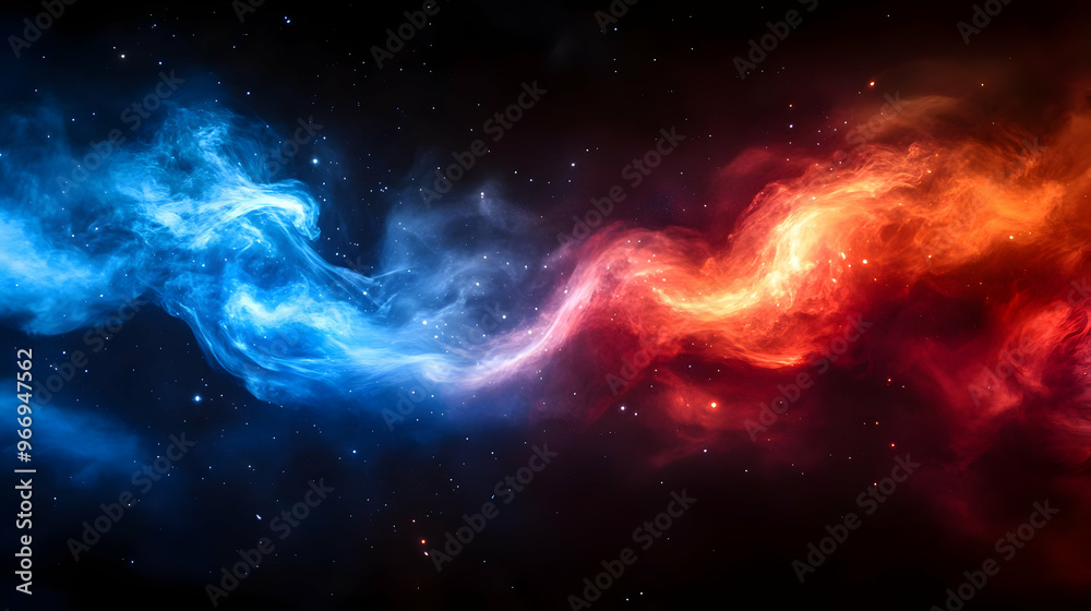 A vibrant cosmic scene with swirling blue and red nebulae against a dark background. A vibrant cosmic scene with swirling blue and red nebulae against a dark background.