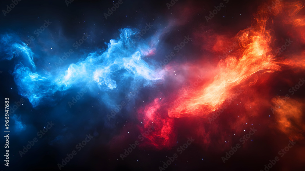A vibrant cosmic scene with swirling blue and red nebulas against a dark backdrop. A vibrant cosmic scene with swirling blue and red nebulas against a dark backdrop.