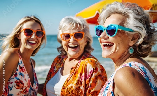 Fun middle-aged senior older women wearing sunglasses laughing with fun. Girls long time friendships invaluable part of life, good friends having fun improve mental well-being after retirement  photo