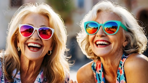 Fun middle-aged senior older women wearing sunglasses laughing with fun. Girls long time friendships invaluable part of life, good friends having fun improve mental well-being after retirement 