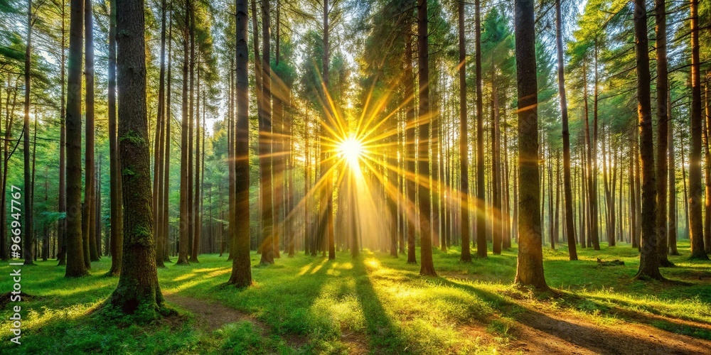 Fototapeta premium Sunlight streaming through trees in forest creating beautiful depth of field effect