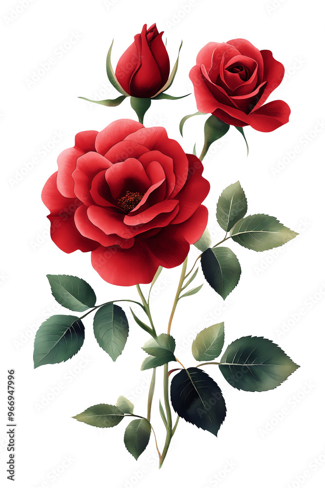 Beautiful red roses with lush green leaves, perfect for expressing love and admiration in any design or decoration project. Beautiful red roses with lush green leaves, perfect for expressing love and admiration in any design or decoration project.