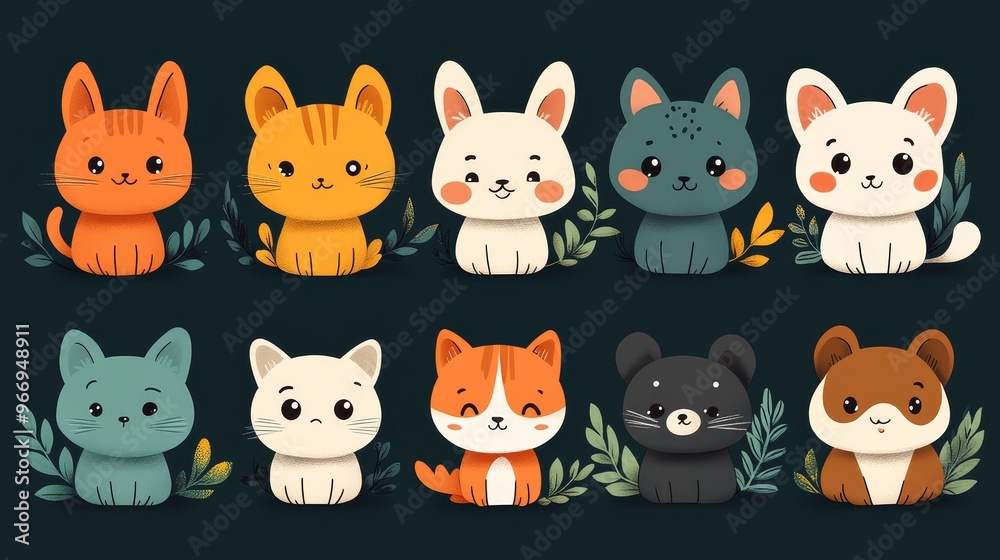 Fototapeta premium Cute Cartoon Animals Illustration Set Cats Dogs and Rabbits