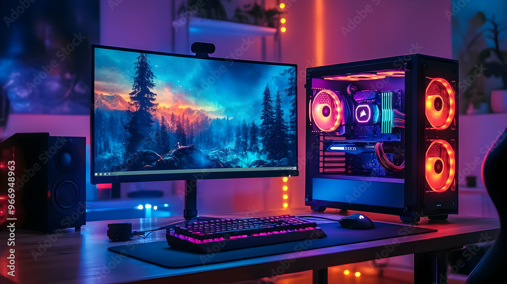 A vibrant gaming setup featuring a curved monitor, RGB lighting, and a powerful PC. A vibrant gaming setup featuring a curved monitor, RGB lighting, and a powerful PC.