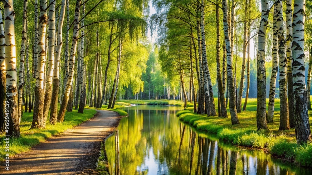 Obraz premium Sunny birch grove pathway reflecting in summer July