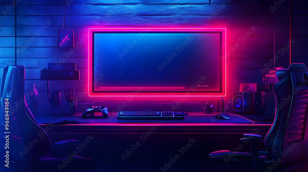 A vibrant gaming setup featuring neon lights and modern equipment. A vibrant gaming setup featuring neon lights and modern equipment.