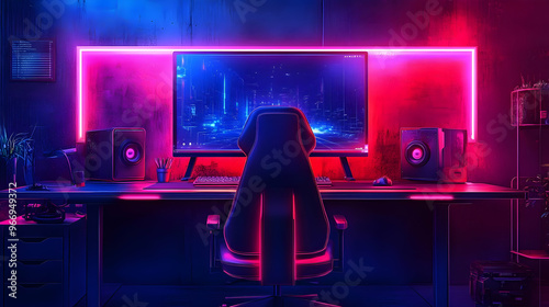 A vibrant gaming setup featuring neon lights, a monitor, and a gaming chair. photo