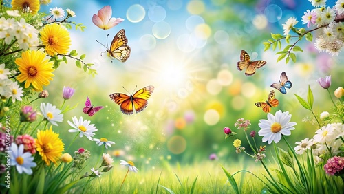 Fototapeta Naklejka Na Ścianę i Meble -  Sunny spring background with flowers and butterflies