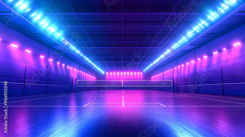 A vibrant indoor sports hall illuminated with colorful lights, designed for badminton or volleyball.