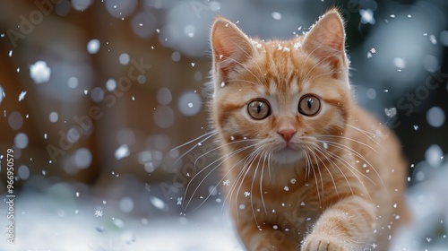 Ginger British Shorthair Kitten Walking in Winter Snowfall