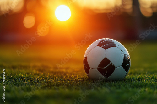 A close-up of a soccer ball resting on lush green grass, illuminated by the warm glow of a sunset in the background.