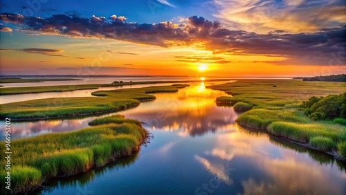 Sunrise over the marsh along the Tolomato River in St Augustine Florida High Angle