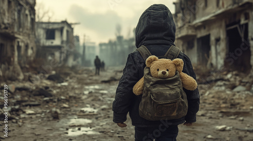 A child with a teddy bear on a backpack walks through the ruined streets, adult figures are visible in the distance. The atmosphere of emptiness and chaos emphasizes the loneliness of childhood.