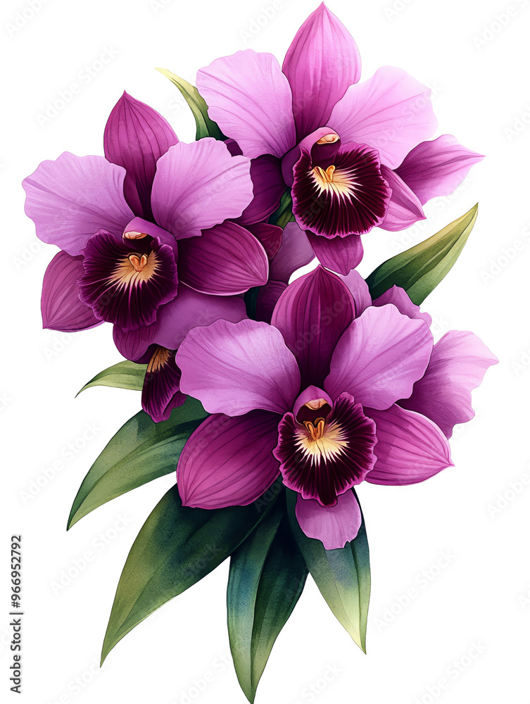 Vibrant purple orchids with rich details and green leaves, perfect for adding a touch of nature to any design or project. Vibrant purple orchids with rich details and green leaves, perfect for adding a touch of nature to any design or project.