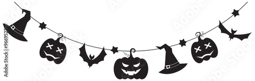 Halloween party decoration silhouette garland with pumpkins, bats, witch hat. Cute Jack O Lantern Evil Pumpkin Garland for Halloween. Simple banner hanging party classy decor vector element.