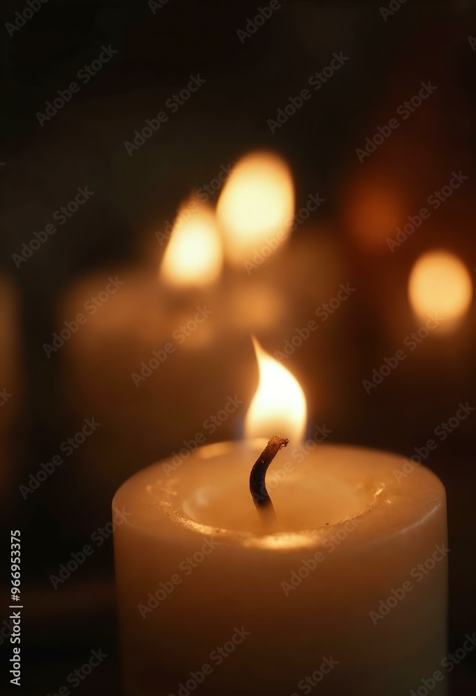 Burning Candle Flame. Warm Glow and Soft Light in Dark Setting. Burning Candle Flame. Warm Glow and Soft Light in Dark Setting.